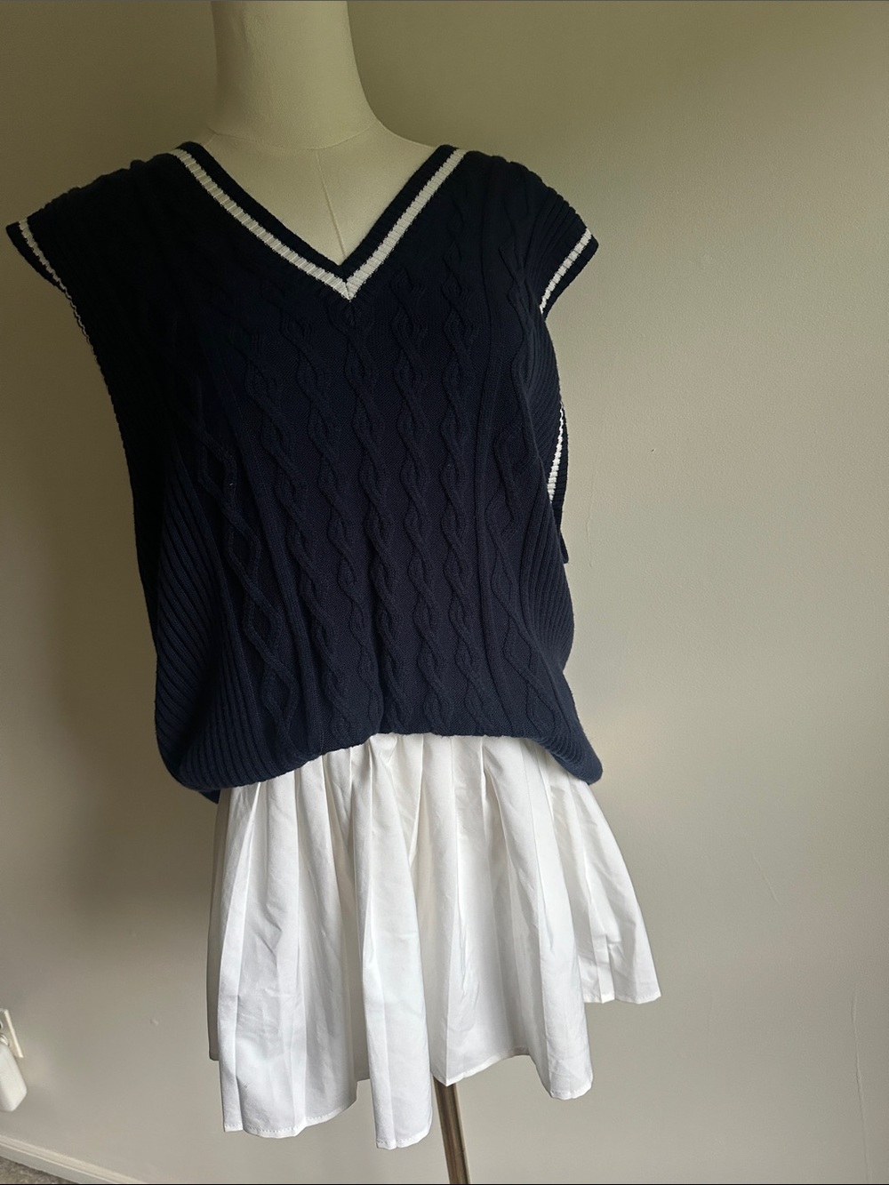 Lady Hagen Navy Cable Knit V-Neck Sweater Vest with White Stripe